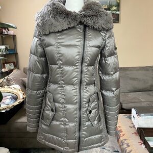 BCBGMaxAzria Silver Puffer Jacket with Faux Fur Collar